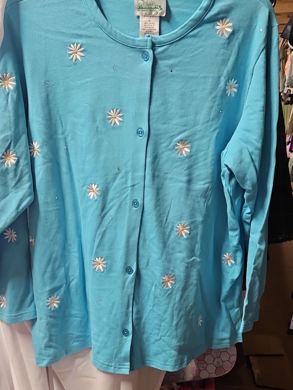 NW-1 Quacker Factory Light Blue Daisy-Embroidered Button Cardigan